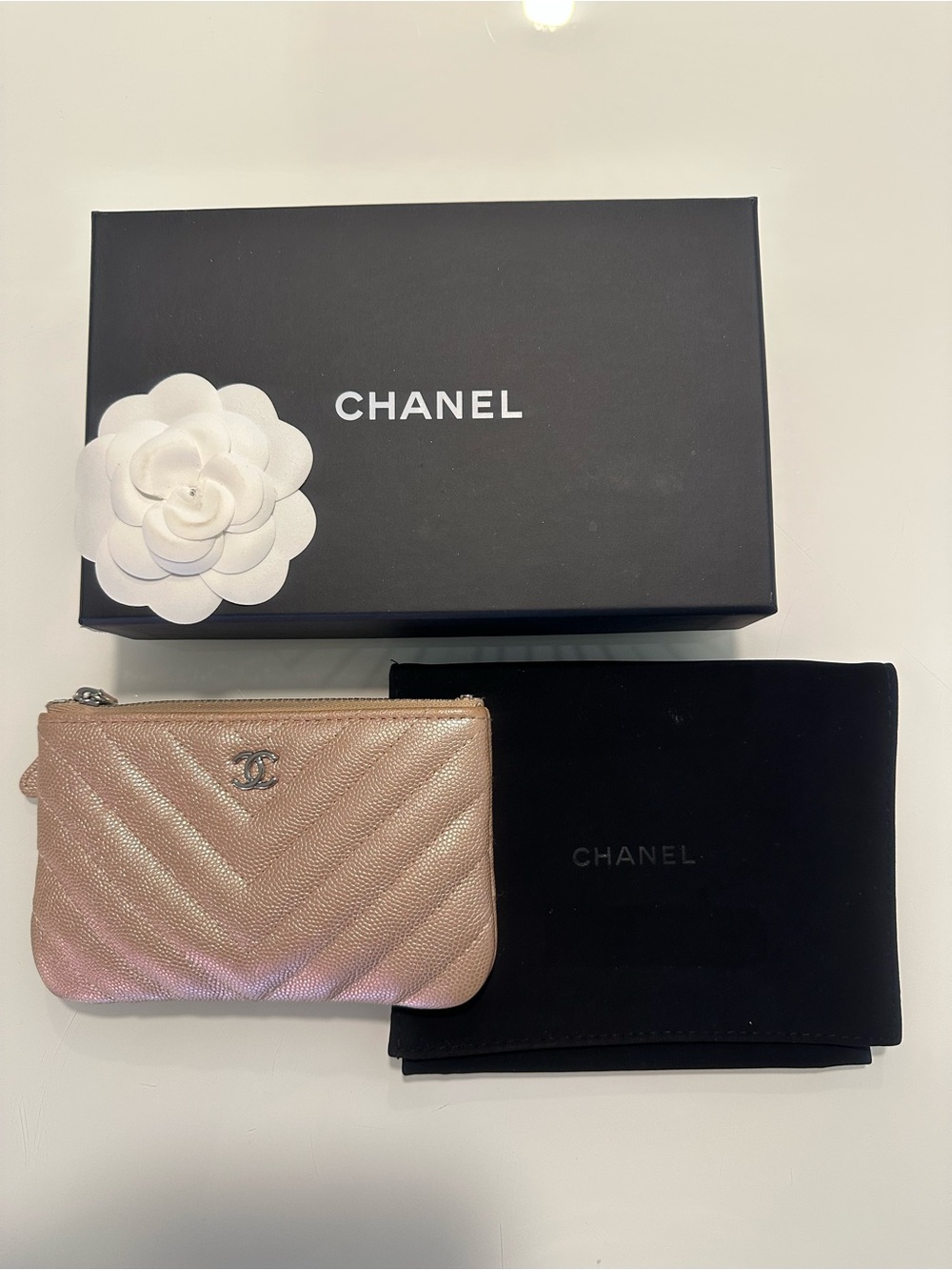 CHANEL Iridescent Pink Caviar Quilted Mini O Case Pouch